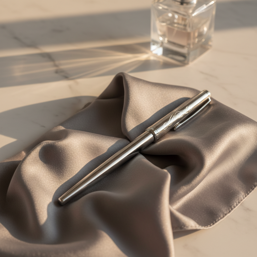 A polished silver fountain pen with a slender, streamlined form and subtle engravings, lying diagonally across a folded ash-grey silk scarf with flowing, graceful folds. The setting is a marble-topped vanity with barely-there veining and minimalist décor elements, such as a single crystal perfume bottle in the distance. Soft golden hour lighting skims the surfaces, enhancing textures with refined shadows and luminous highlights. The image is captured from slightly above, employing a sophisticated, minimalist composition that echoes the blog’s pursuit of beauty in the everyday.