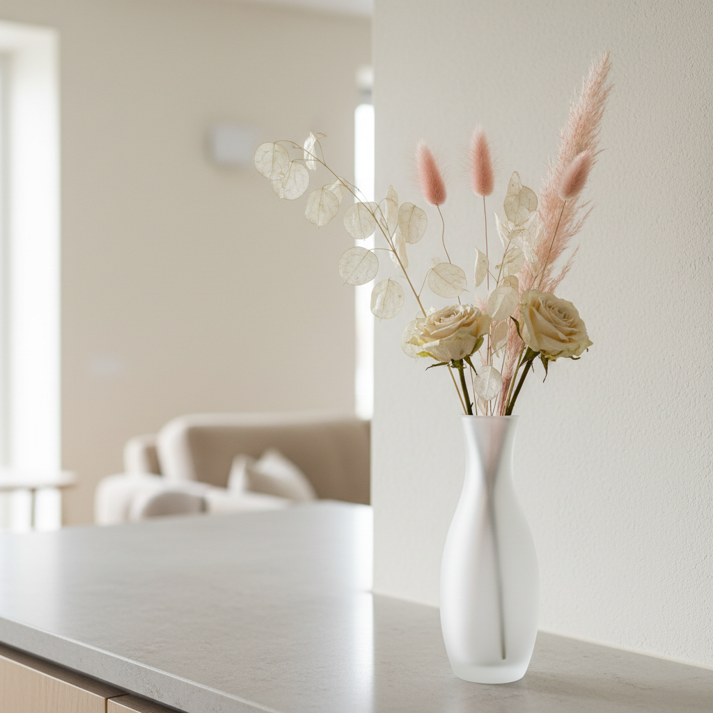 A frosted glass vase with a minimalist silhouette, containing a sparse arrangement of ivory and blush dried flowers with delicate, textured petals. The vase sits on a smooth, stone countertop in a serene, neutral-toned living space. Natural, overcast daylight floods the scene, softening the colors and casting subtle gradients on the background wall. Shot from an eye-level perspective with rule of thirds composition, the focus is sharp on the vase and flowers while the background melts into gentle blur. The atmosphere is refined, calm, and beautifully understated, representing elegant simplicity in daily life.