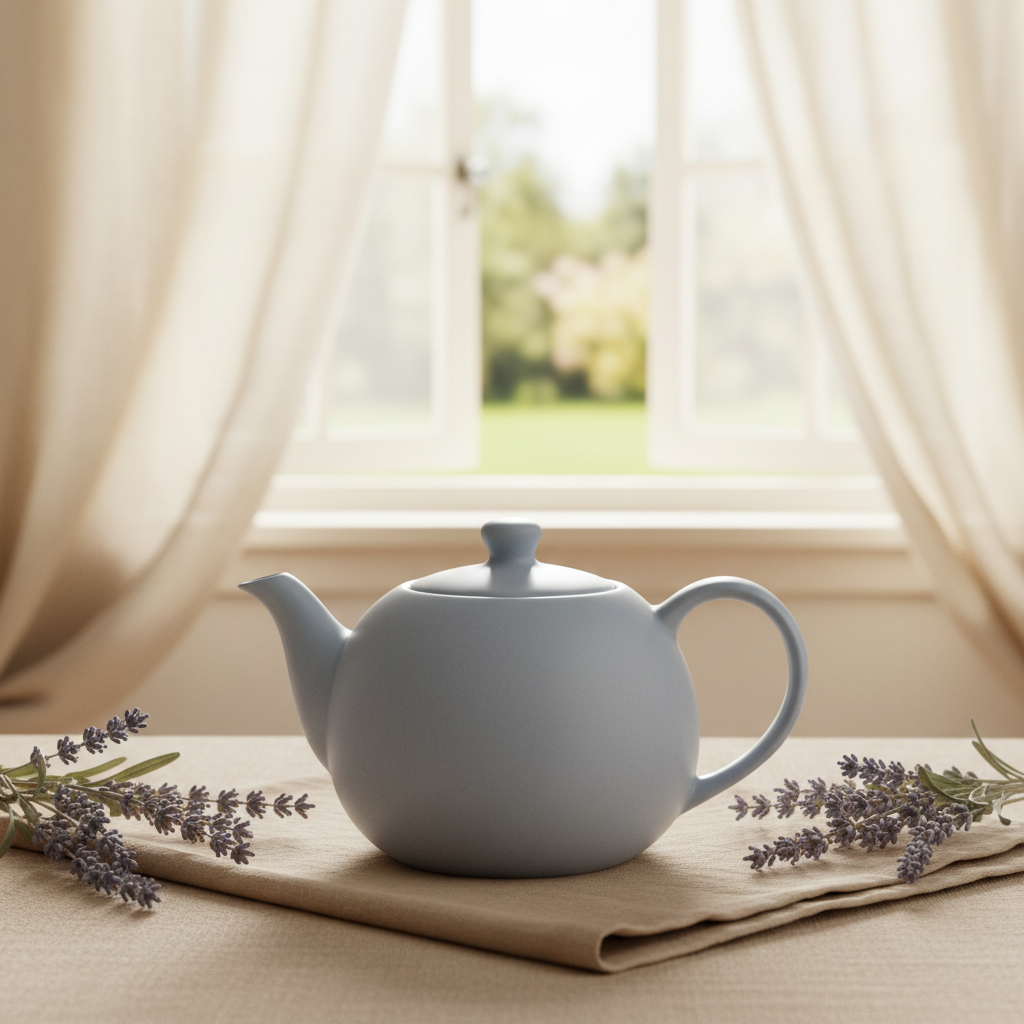 A delicate porcelain teapot with a muted eggshell blue glaze, matte finish, and elegant, understated handle, positioned atop a sand-colored linen napkin. Set beside an open window with gauzy, ivory curtains, the teapot is surrounded by a few sprigs of fresh lavender, their muted purple tones complementing the scene. Ambient, diffused afternoon light envelops the arrangement, creating a dreamy, tranquil mood with subtle contrasts. Composed off-center with generous negative space, the photograph features a soft-focus background and an airy, refined sensibility, perfect for a lifestyle blog celebrating authentic beauty.